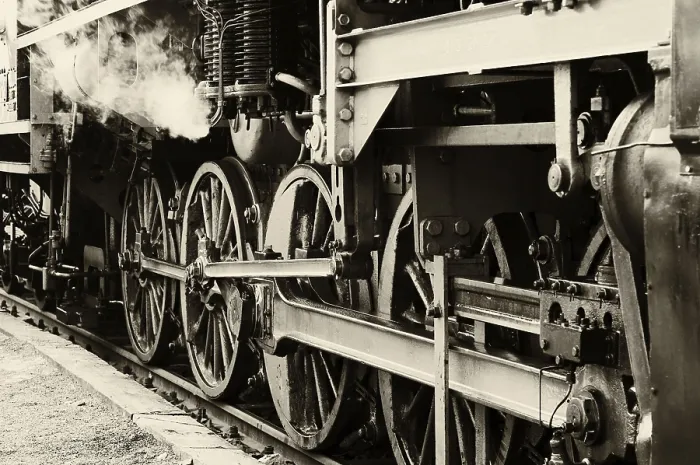 Framed Print : Steam locomotive wheel (Sepia)