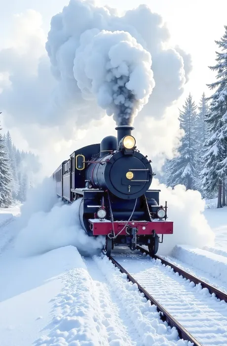 Framed Print : A steam train travels through a snowy landscape