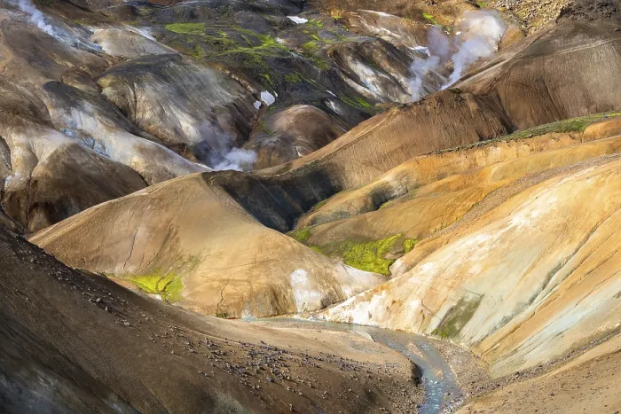 Framed Print : Steaming springs and colourful rhyolite mountains