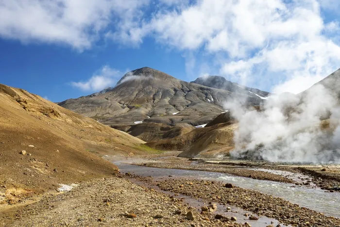 Framed Print : Steaming springs and colourful rhyolite mountains