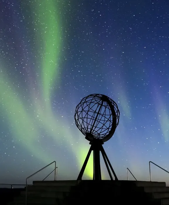 Framed Print : Steel globe at North Cape with northern lights Framed Print : Steel globe at North Cape with northern lights