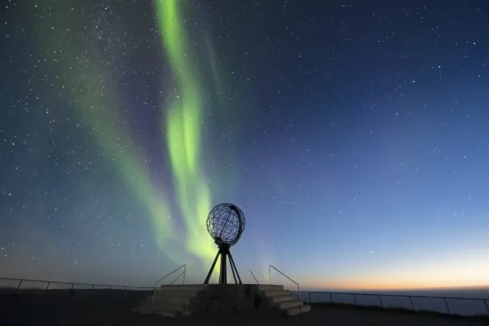 Framed Print : Steel globe at North Cape with northern lights