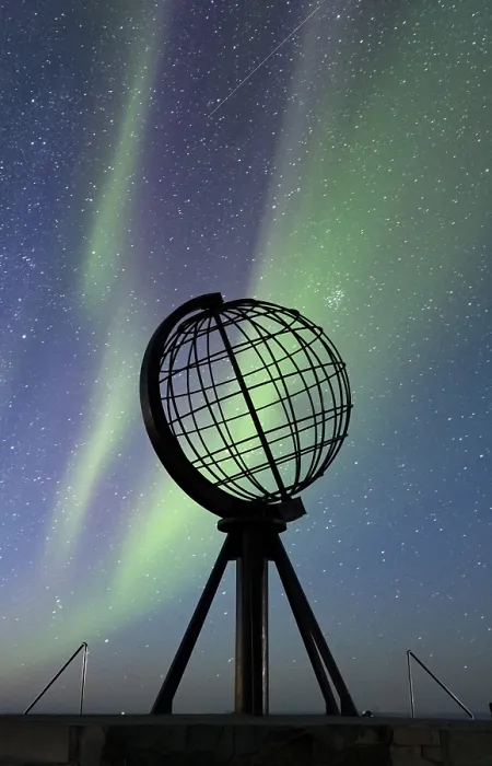 Framed Print : Steel globe at North Cape with northern lights Framed Print : Steel globe at North Cape with northern lights