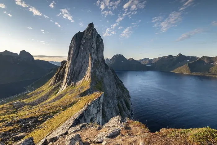 Framed Print : Steep mountain Segla, fjord Mefjorden with mountains