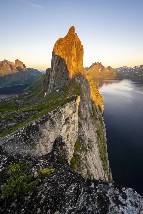 Framed Print : Steep mountain Segla, fjord Mefjorden with mountains