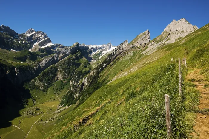 Framed Print : Steep mountains and lake, Seealpsee