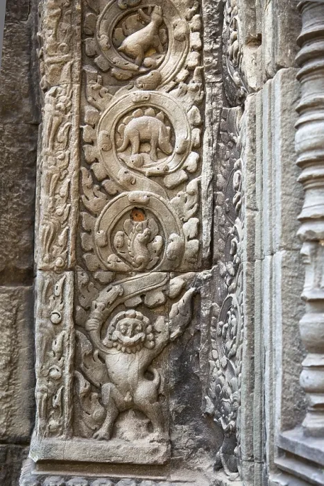 Framed Print : Stegosaurus dinosaur carving on the wall in Ta Prohm temple