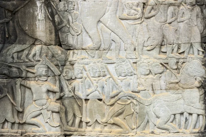 Framed Print : Stone bas-reliefs, Khmer war campaign against the Cham