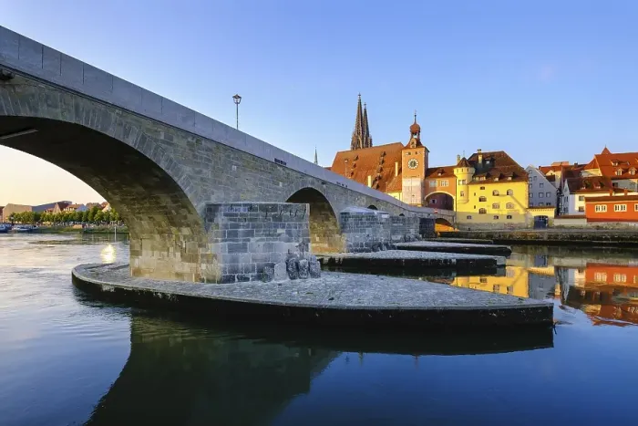 Framed Print : Stone bridge over the Danube and Old Town with bridge gate