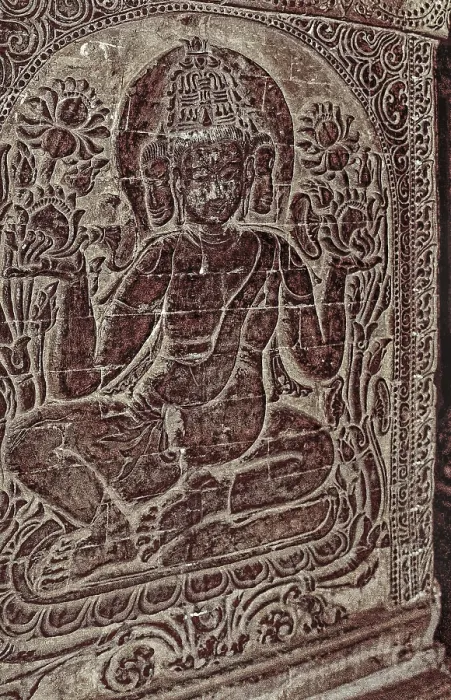 Framed Print : Stone Buddha half-relief with three faces in Nanapaya Temple