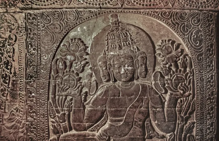 Framed Print : Stone Buddha half-relief with three faces in Nanapaya Temple Framed Print : Stone Buddha half-relief with three faces in Nanapaya Temple
