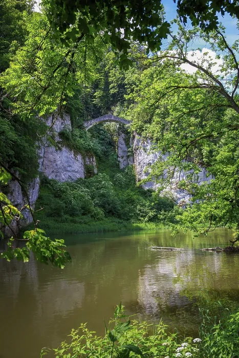 Framed Print : The Stone Devil's Bridge on the Klosterfelsenweg in Inzigkofen spans a river amidst dense green vegetation
