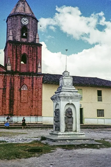 Framed Print : Stone megalithic statues in the town's church square, San Agustin, Colombia, South America 1961, South America