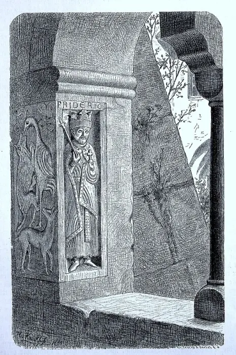 Framed Print : Stone portrait of Frederick Barbarossa on the cornerstone of a window in the cloister of the monastery of St