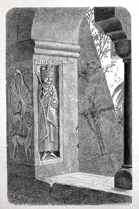 Framed Print : Stone portrait of Friedrich Barbarossa at the cornerstone of a window in the cloister of the Monastery of St