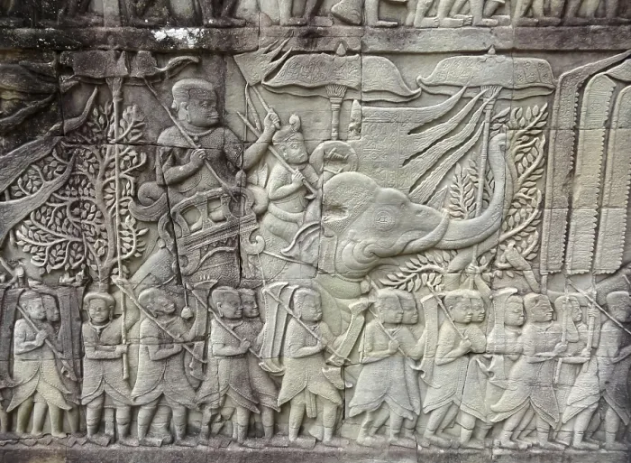 Framed Print : Stone relief detail of a temple in Angkor