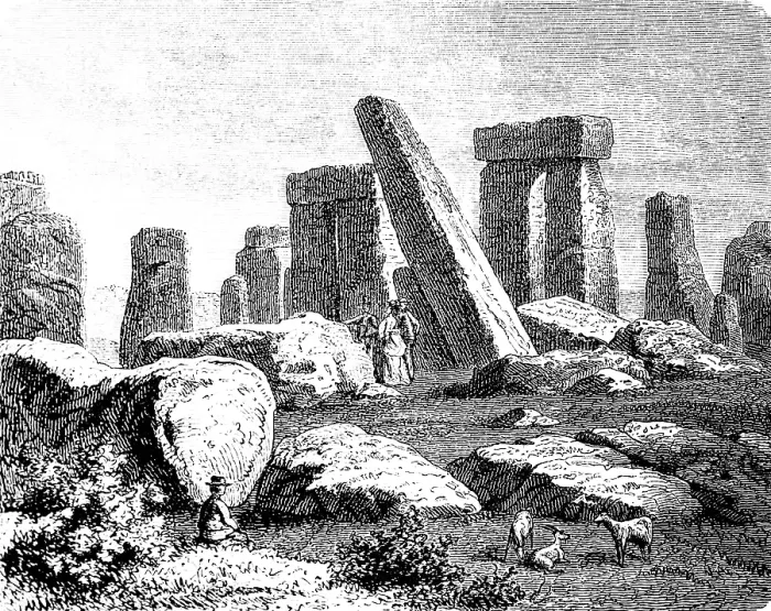 Framed Print : Stonehenge in its present form, 19th century, sheep, people, history of mankind, historical illustration 1880