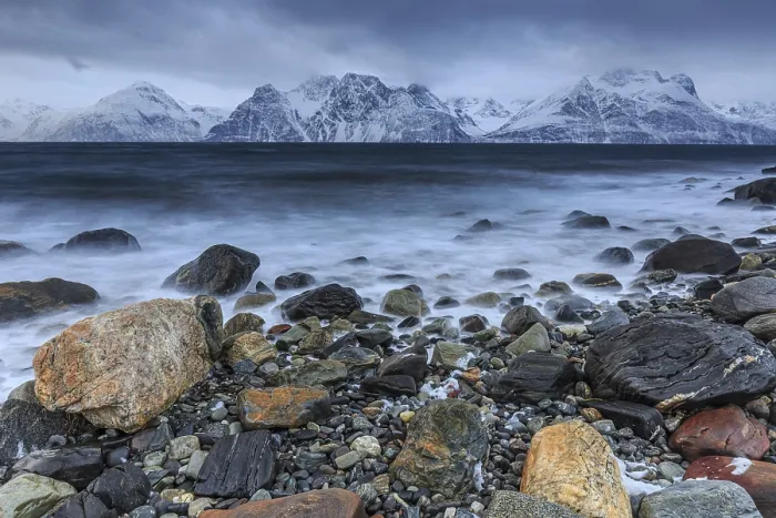 Framed Print : Stones, coast, sea, waves, mountains Framed Print : Stones, coast, sea, waves, mountains