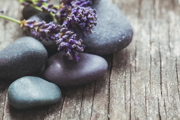 Framed Print : Stones with lavender on old shabby wooden background