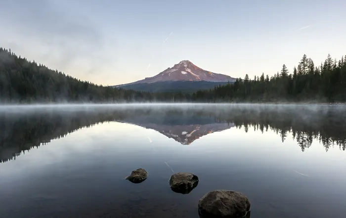 Framed Print : Three stones in the water, reflection of the volcano Mt
