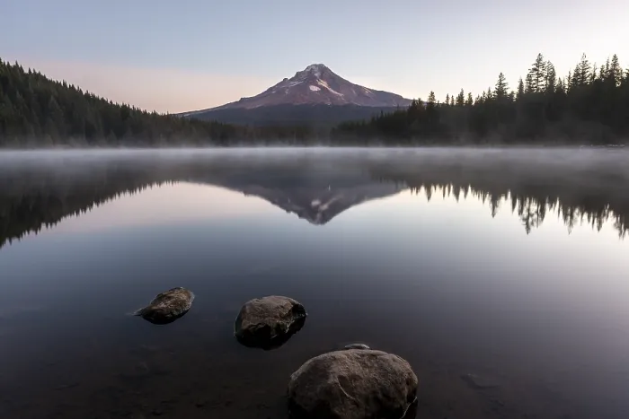Framed Print : Three stones in the water, reflection of the volcano Mt Framed Print : Three stones in the water, reflection of the volcano Mt
