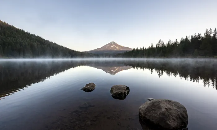 Framed Print : Three stones in the water, reflection of the volcano Mt