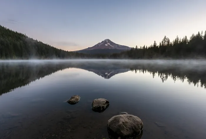 Framed Print : Three stones in the water, reflection of the volcano Mt