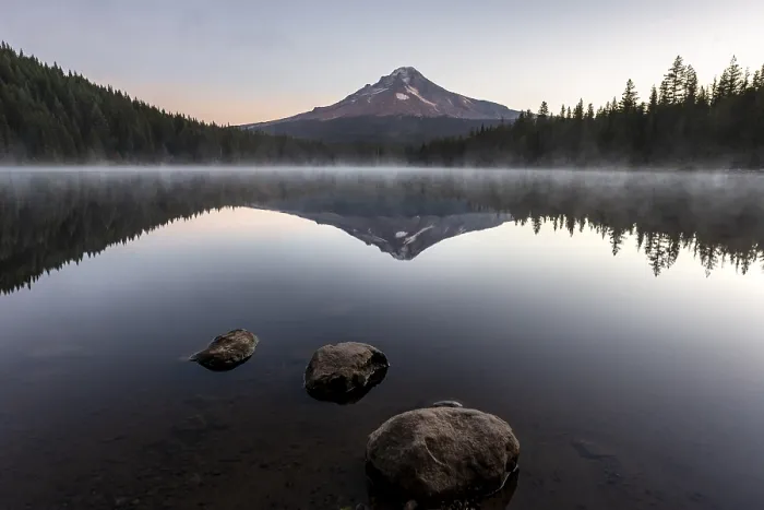Framed Print : Three stones in the water, reflection of the volcano Mt Framed Print : Three stones in the water, reflection of the volcano Mt
