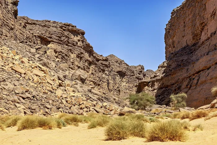 Framed Print : Stony desert landscape with mountain formations and scattered plant growth