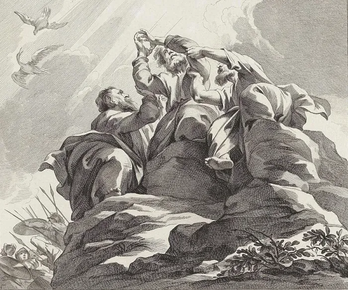Framed Print : Story of the Prophet Moses, Moses is taken in his arms by Aaron and Hur
