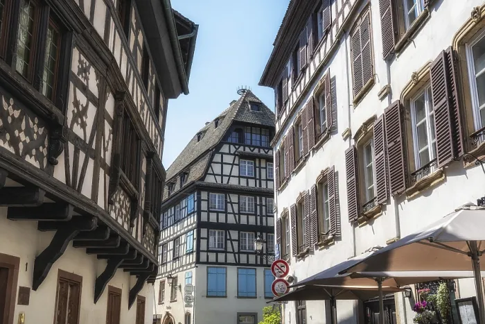 Framed Print : Strasbourg narrow alleyways in historical old town with half timbered houses