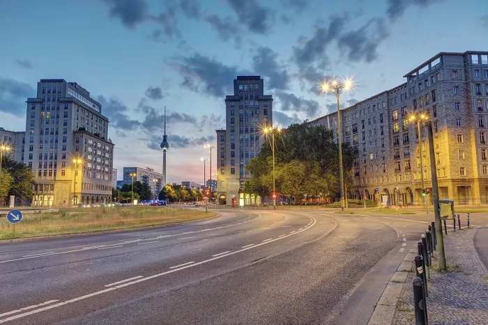 Framed Print : Strausberger Platz in Berlin with the TV tower in the background after sunset