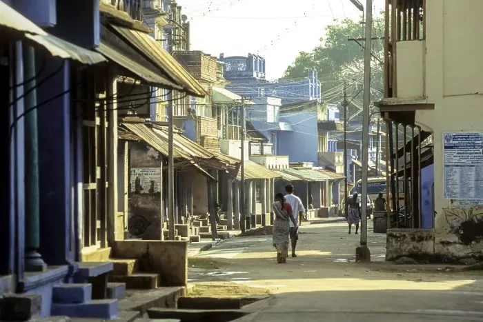 Framed Print : The street of Agraharam the brahmins residence area surrounding the temple Thenkasi near Courtalam Kutralam Kuttalam