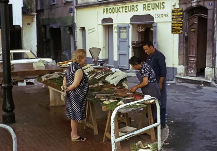 Framed Print : Street fish market in Grasse, Cote d'Azur, France 1974