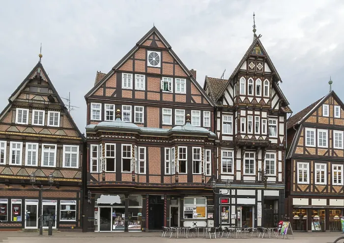 Framed Print : The street with historical half-timbered houses in the old city of Celle Framed Print : The street with historical half-timbered houses in the old city of Celle