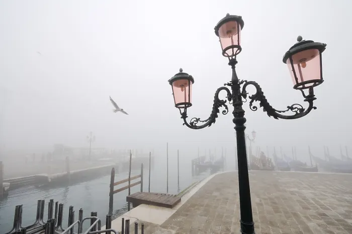 Framed Print : Street lamp and gondolas in the fog Framed Print : Street lamp and gondolas in the fog