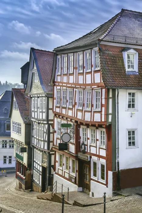 Framed Print : Street in Marburg with half-timbered houses