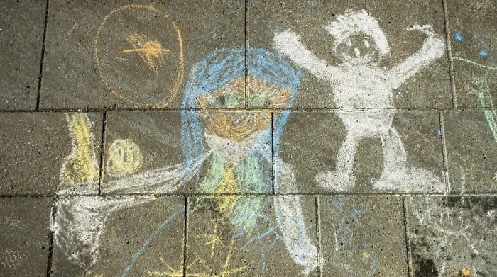 Framed Print : Street painting, chalk paintings on pavement