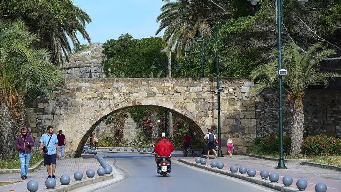 Framed Print : Street scene with arched bridge and people under palm trees along the road Framed Print : Street scene with arched bridge and people under palm trees along the road