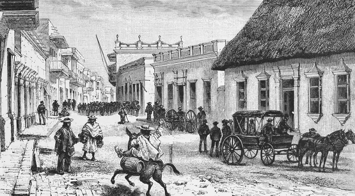 Framed Print : Street scene in Barranquila, a Spanish foundation, horse-drawn carriage, riders, pedestrians, colonial buildings, thatched roof house, many people, Caribbean, travelling, Colombia, historical illustration 18888, South America
