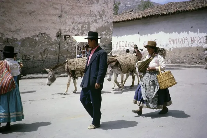 Framed Print : Street scene with people and mules, Ayacucho, Peru, South America 1962, South America