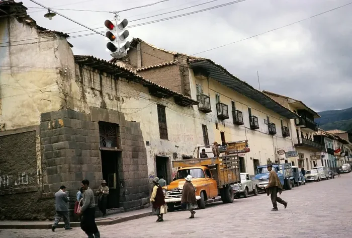 Framed Print : Street scene with traffic and people, Cuzco, Peru, South America 1962, South America