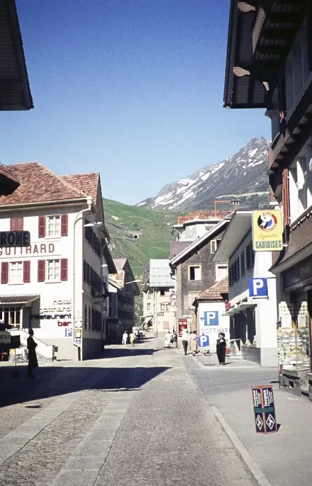 Framed Print : Street with shops and hotel in the alpine mountain village of Andermatt, Canton Uri, Switzerland, Europe, 1959, Europe
