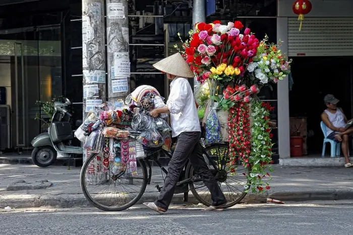 Framed Print : A street vendor with a bicycle selling her flowers in Hanoi Framed Print : A street vendor with a bicycle selling her flowers in Hanoi