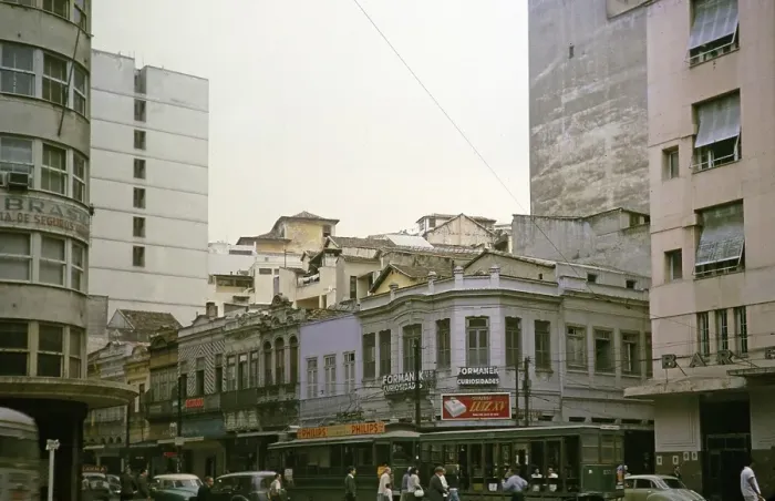 Framed Print : Street view with older buildings near the docks in Rio de Janeiro, Brazil 1962 Tramway