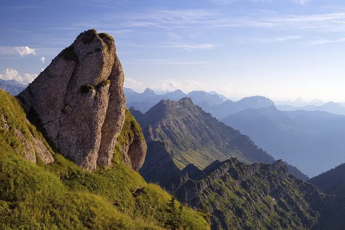 Framed Print : Striking rock in front of Mount Federispitz in the evening light
