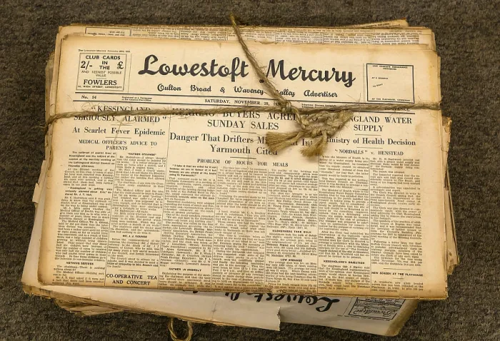 Framed Print : String tied bundle of 1930s copies Lowestoft Mercury local newspaper