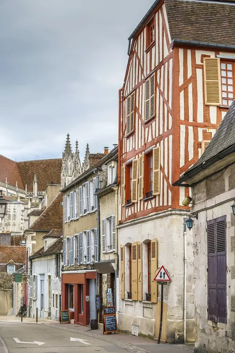 Framed Print : Strret with historical half-timbered houses in Auxerre downtown