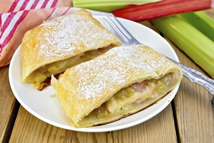 Framed Print : Strudel with rhubarb and fork on the plate