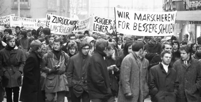 Framed Print : Students in the Ruhr area in the years 1965 to 1971 demonstrated in the Ruhr cities of Dortmund
